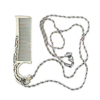 Metal Mustache Comb Necklace – Dual-Sided Comb for Men, Fine & Wide Teeth for Precise Styling – Durable, Compact, Travel-Friendly Grooming Tool for Facial Hair Care